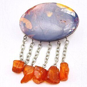 Vintage Baltic Amber Dangling Pin Silver Tone Classic Career Cosplay LARP